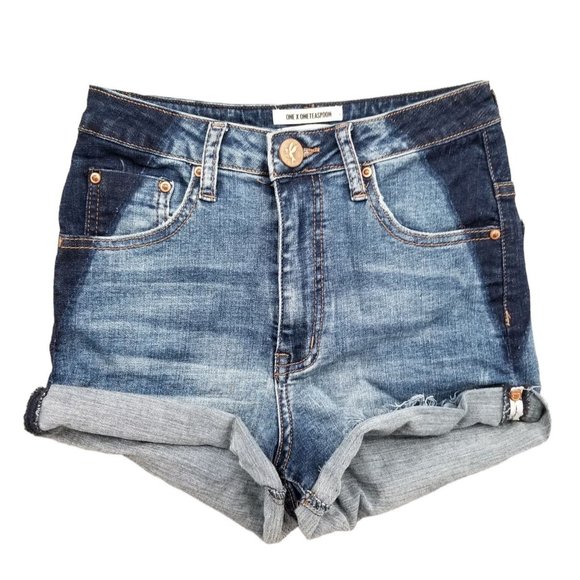 ONE x One Teaspoon Denim Shorts Womens Harlets High Rise Twisted Cuff Hem Sz 24 - Picture 1 of 13